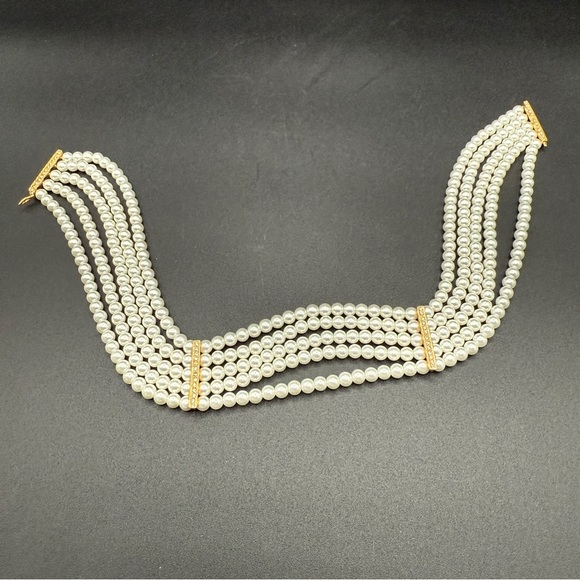 Multi-Strand Faux Pearl Choker with Rhinestone Accents - Wedding Necklace - Picture 1 of 15